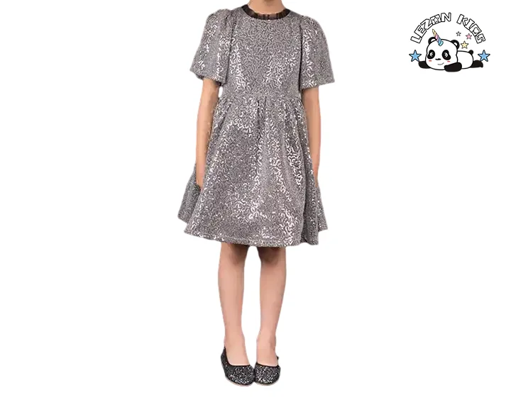 LEZONKIDS - Vestido de lantejoulas de princesa para meninas com mangas bufantes para festa em prata